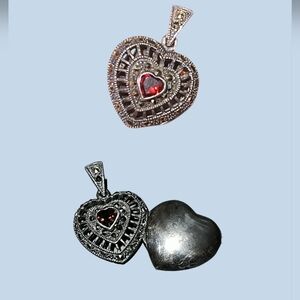Vintage Garnet, Sterling Silver And Marcasite Heart Locket Or Poison Box